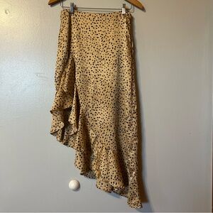 Forever 21‎ Tan and Black Polka Cheetah Print Midi Skirt with ruffled slit